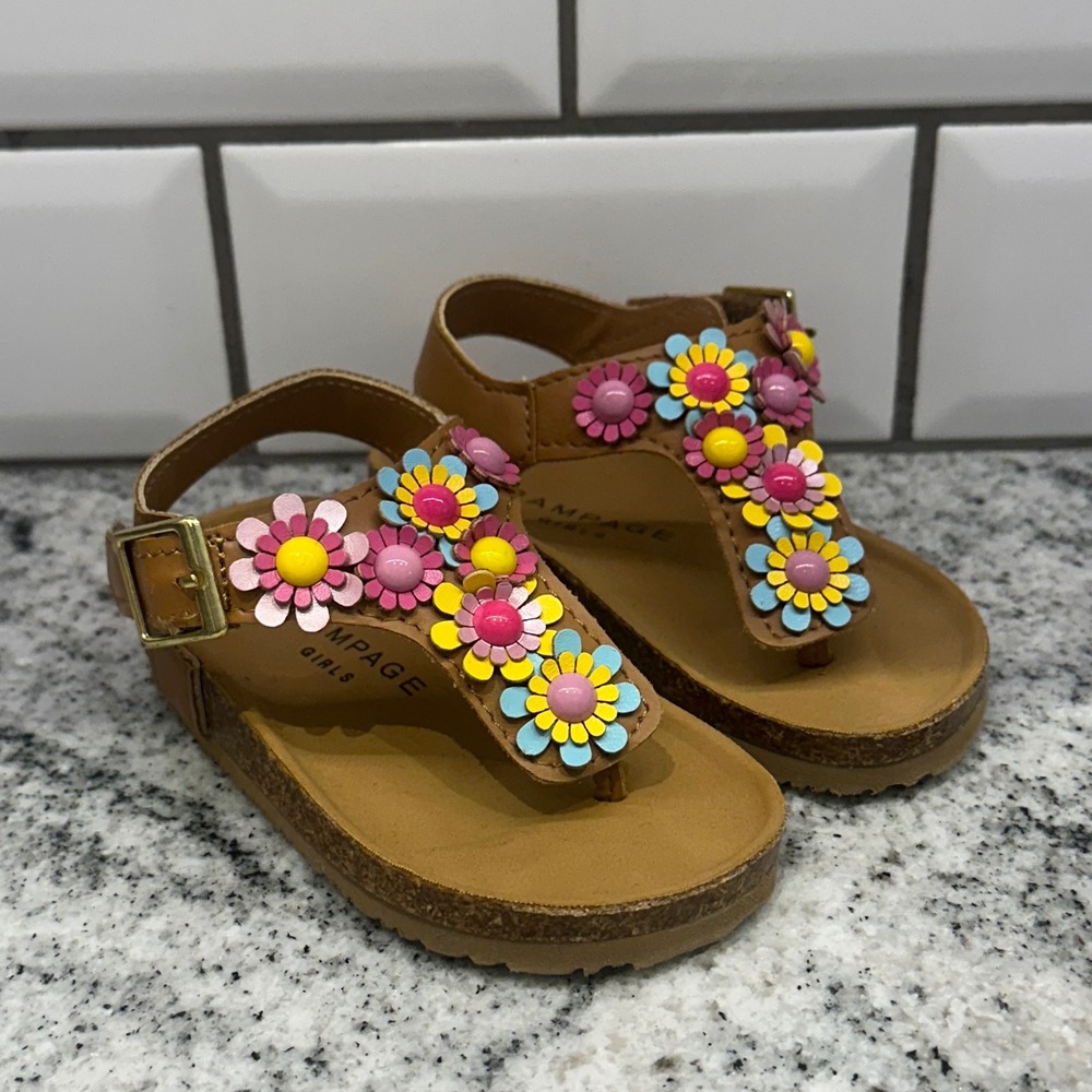 Rampage Toddler 5 Lil Zoey Sandals Tan Floral 3D Flower Cork Midsole Boho Summer